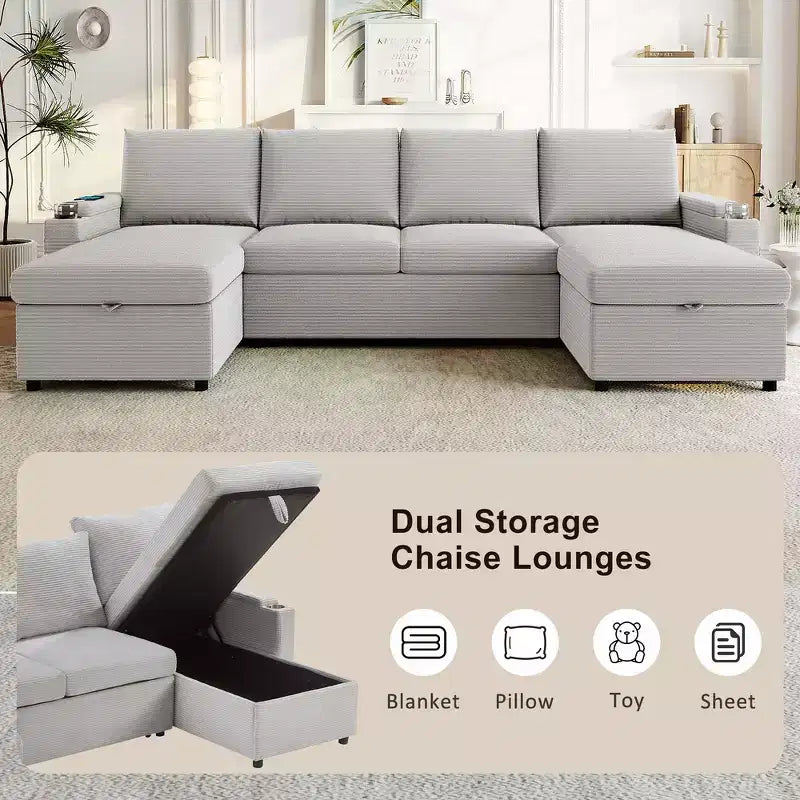 Whisen 109.5 Convertible Sofa Bed, Modern U-Shaped Sofa, Upholstered Couch with Storage Boxes & Pockets, Cup Holders