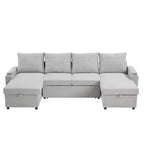 Whisen 109.5 Convertible Sofa Bed, Modern U-Shaped Sofa, Upholstered Couch with Storage Boxes & Pockets, Cup Holders