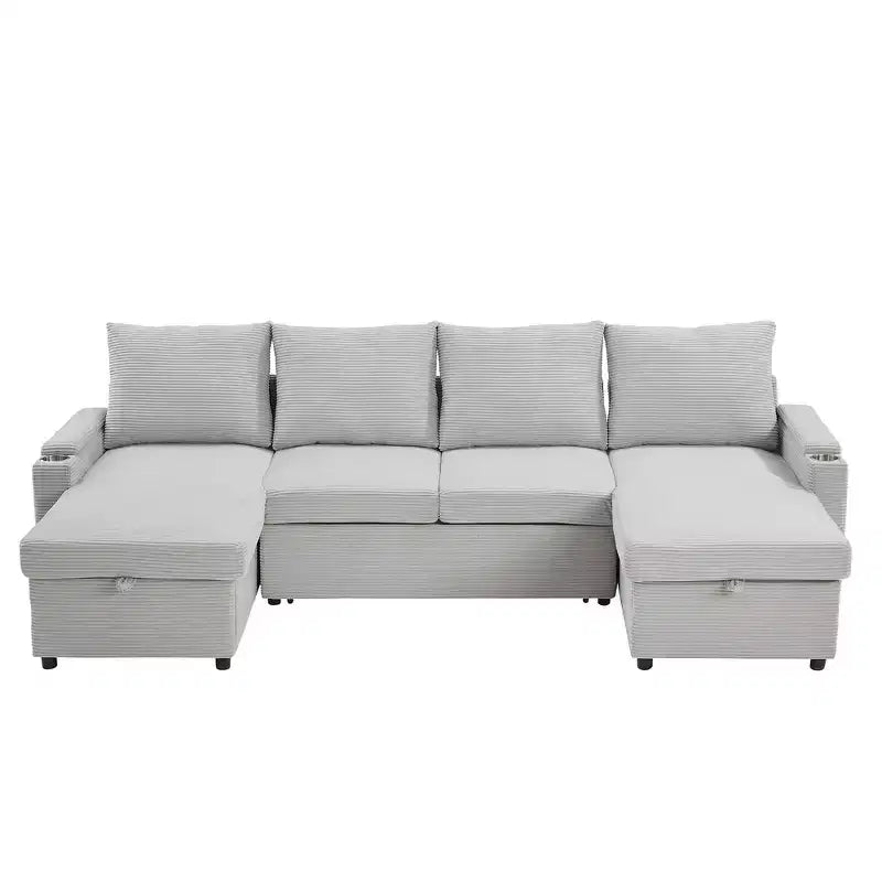 Whisen 109.5 Convertible Sofa Bed, Modern U-Shaped Sofa, Upholstered Couch with Storage Boxes & Pockets, Cup Holders
