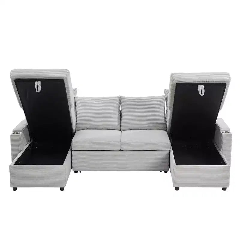Whisen 109.5 Convertible Sofa Bed, Modern U-Shaped Sofa, Upholstered Couch with Storage Boxes & Pockets, Cup Holders