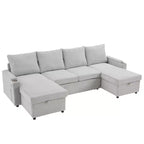 Whisen 109.5 Convertible Sofa Bed, Modern U-Shaped Sofa, Upholstered Couch with Storage Boxes & Pockets, Cup Holders
