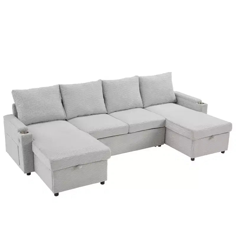 Whisen 109.5 Convertible Sofa Bed, Modern U-Shaped Sofa, Upholstered Couch with Storage Boxes & Pockets, Cup Holders
