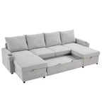 Whisen 109.5 Convertible Sofa Bed, Modern U-Shaped Sofa, Upholstered Couch with Storage Boxes & Pockets, Cup Holders