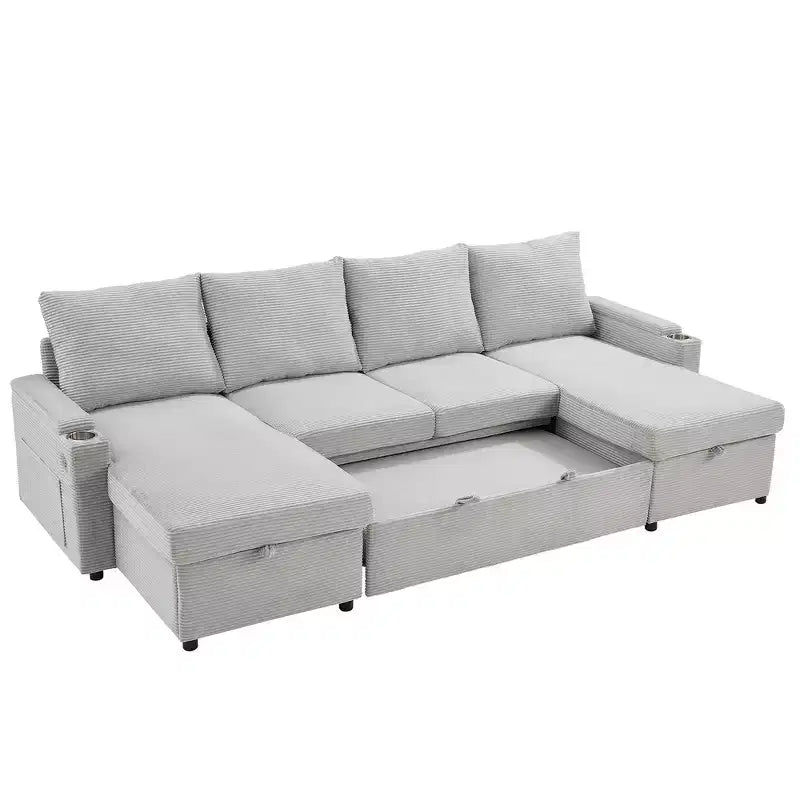 Whisen 109.5 Convertible Sofa Bed, Modern U-Shaped Sofa, Upholstered Couch with Storage Boxes & Pockets, Cup Holders