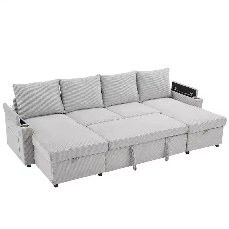 Whisen 109.5 Convertible Sofa Bed, Modern U-Shaped Sofa, Upholstered Couch with Storage Boxes & Pockets, Cup Holders