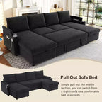 Whisen 109.5 Convertible Sofa Bed, Modern U-Shaped Sofa, Upholstered Couch with Storage Boxes & Pockets, Cup Holders
