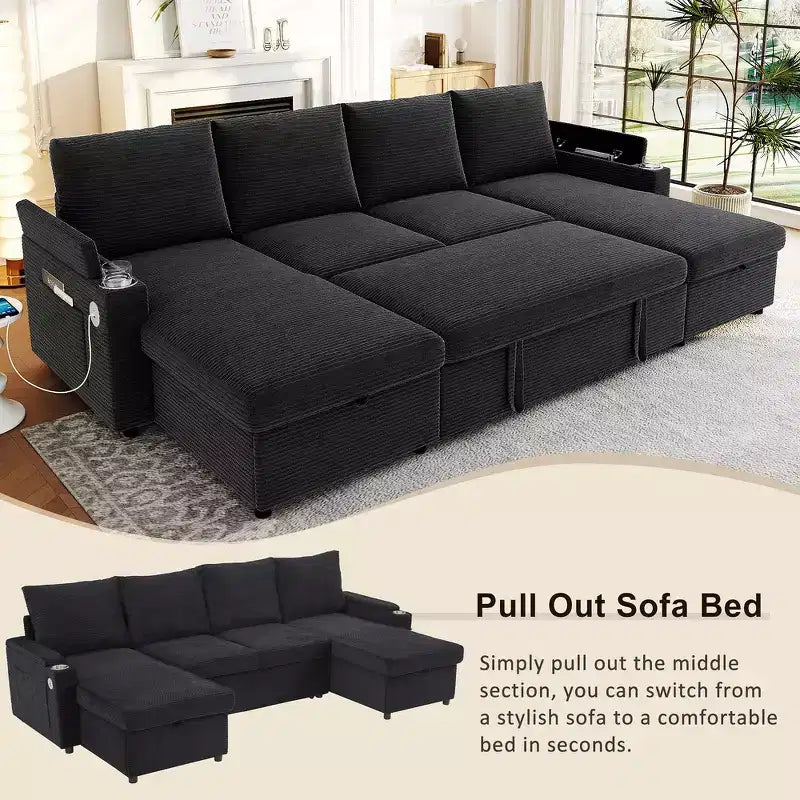Whisen 109.5 Convertible Sofa Bed, Modern U-Shaped Sofa, Upholstered Couch with Storage Boxes & Pockets, Cup Holders