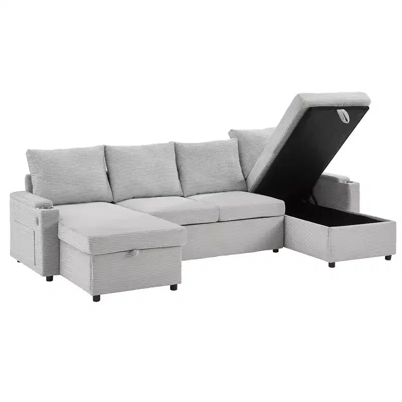Whisen 109.5 Convertible Sofa Bed, Modern U-Shaped Sofa, Upholstered Couch with Storage Boxes & Pockets, Cup Holders