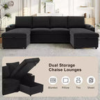 Whisen 109.5 Convertible Sofa Bed, Modern U-Shaped Sofa, Upholstered Couch with Storage Boxes & Pockets, Cup Holders