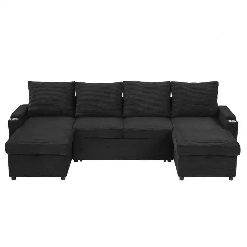 Whisen 109.5 Convertible Sofa Bed, Modern U-Shaped Sofa, Upholstered Couch with Storage Boxes & Pockets, Cup Holders