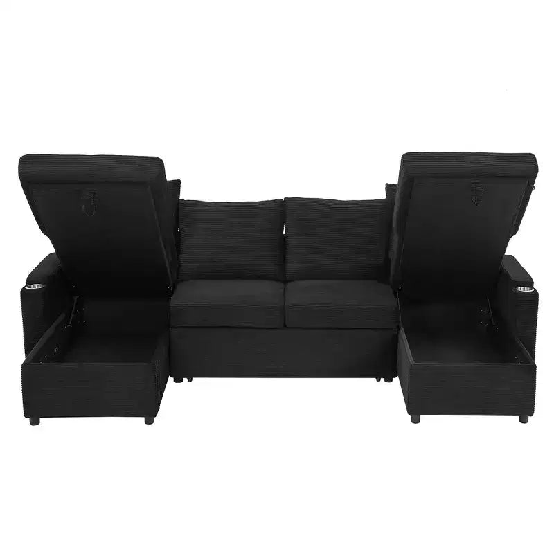 Whisen 109.5 Convertible Sofa Bed, Modern U-Shaped Sofa, Upholstered Couch with Storage Boxes & Pockets, Cup Holders