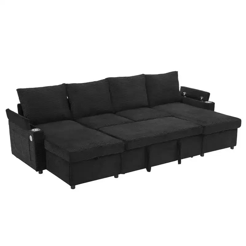 Whisen 109.5 Convertible Sofa Bed, Modern U-Shaped Sofa, Upholstered Couch with Storage Boxes & Pockets, Cup Holders
