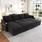 Whisen 109.5 Convertible Sofa Bed, Modern U-Shaped Sofa, Upholstered Couch with Storage Boxes & Pockets, Cup Holders