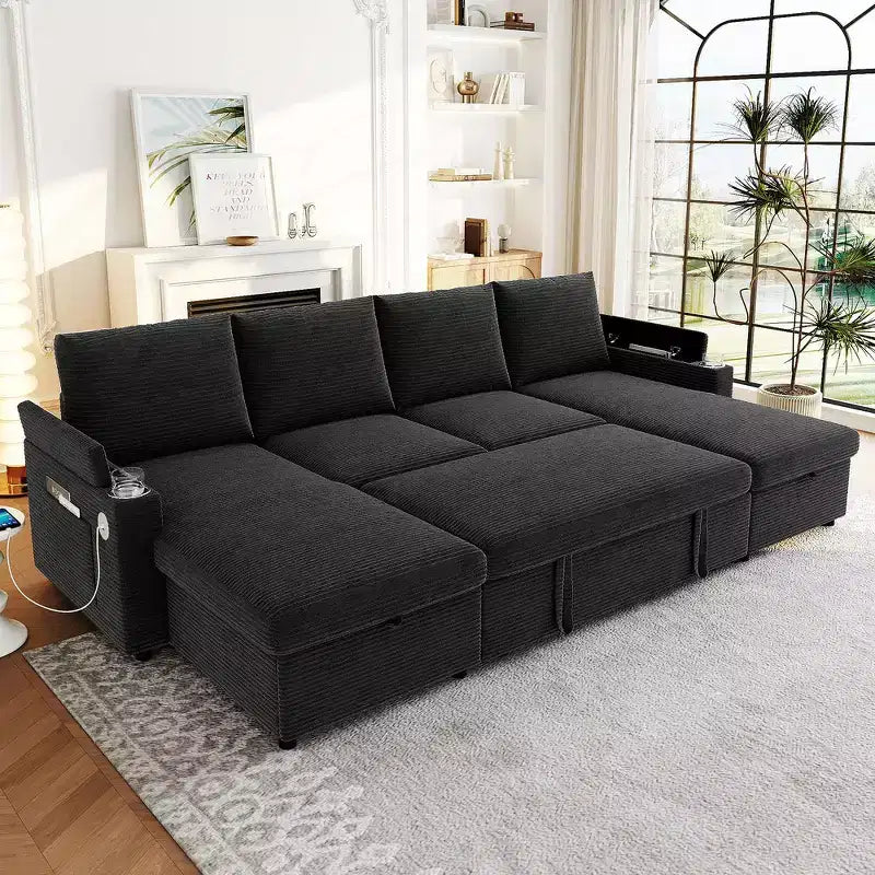 Whisen 109.5 Convertible Sofa Bed, Modern U-Shaped Sofa, Upholstered Couch with Storage Boxes & Pockets, Cup Holders
