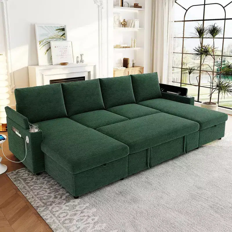 Whisen 109.5 Convertible Sofa Bed, Modern U-Shaped Sofa, Upholstered Couch with Storage Boxes & Pockets, Cup Holders