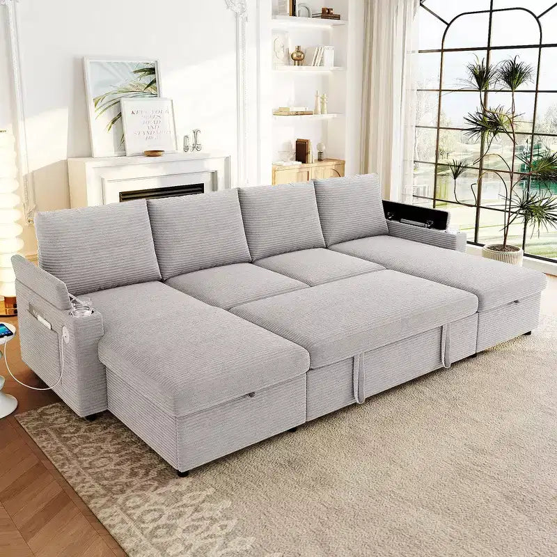 Whisen 109.5 Convertible Sofa Bed, Modern U-Shaped Sofa, Upholstered Couch with Storage Boxes & Pockets, Cup Holders