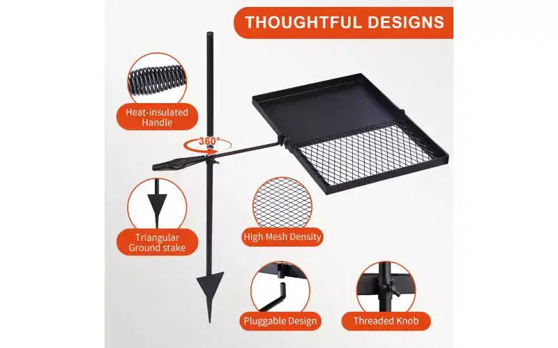 Karl Home Grille de cuisson pliable pivotante portable pour feu de camp, grille de cuisson pour foyer extérieur