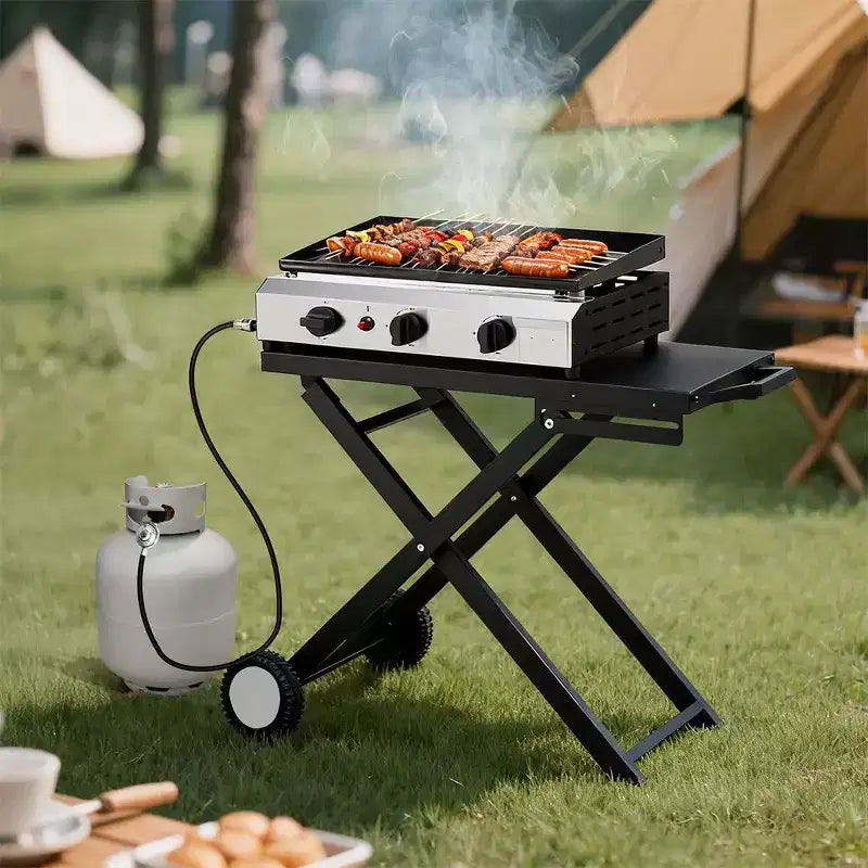 Karl Home Plancha pliable 3 brûleurs au propane avec roues pour cuisson et camping en extérieur