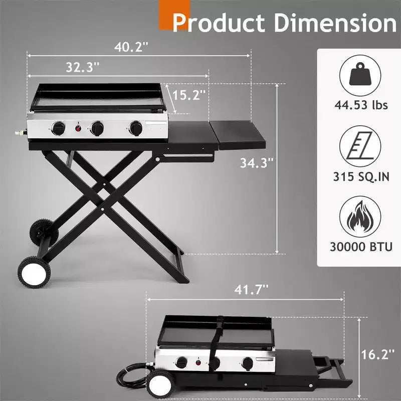 Karl Home Plancha pliable 3 brûleurs au propane avec roues pour cuisson et camping en extérieur