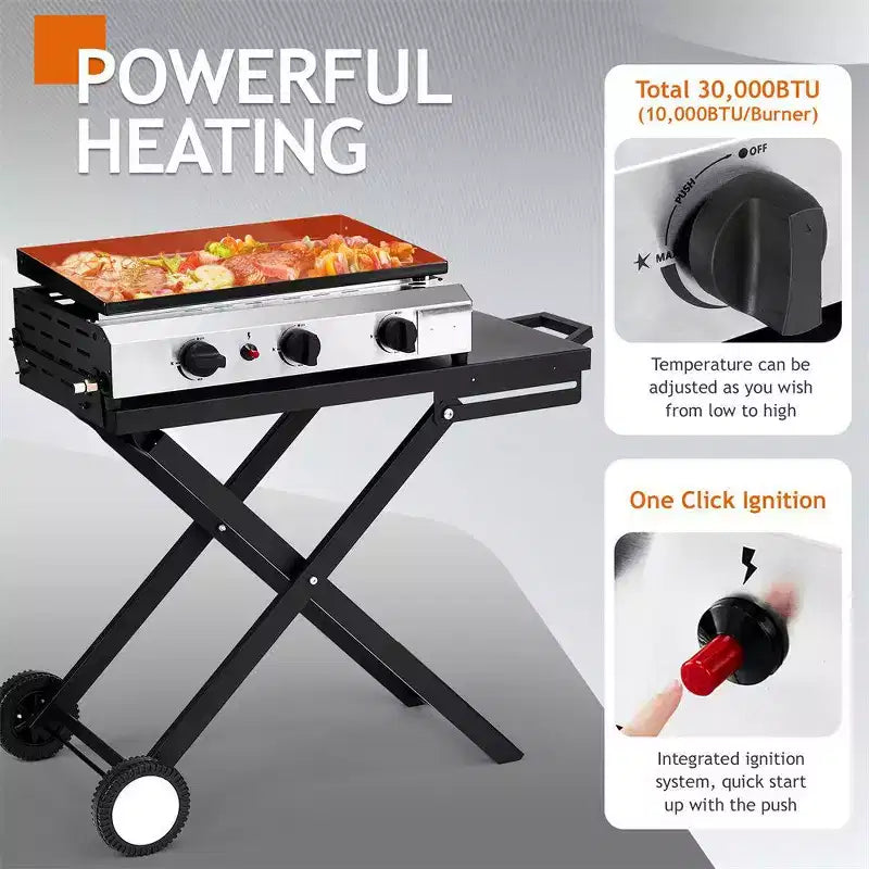 Karl Home Plancha pliable 3 brûleurs au propane avec roues pour cuisson et camping en extérieur