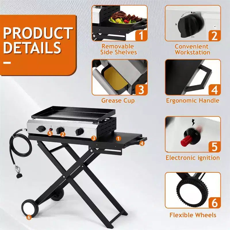 Karl Home Plancha pliable 3 brûleurs au propane avec roues pour cuisson et camping en extérieur