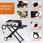 Karl Home Plancha pliable 3 brûleurs au propane avec roues pour cuisson et camping en extérieur