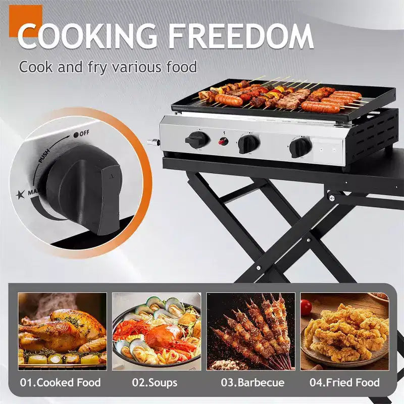 Karl Home Plancha pliable 3 brûleurs au propane avec roues pour cuisson et camping en extérieur