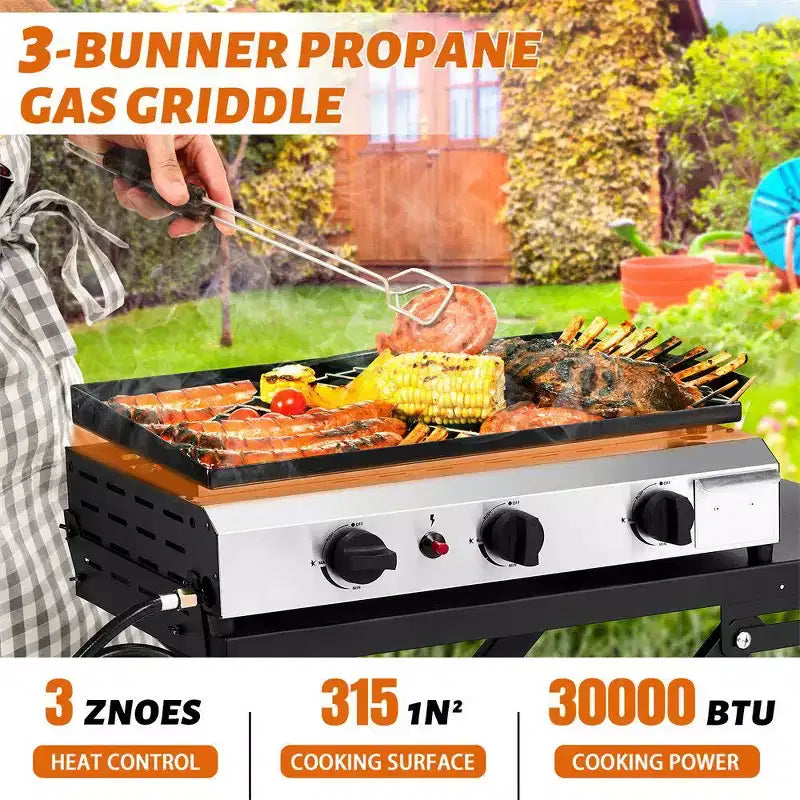 Karl Home Plancha pliable 3 brûleurs au propane avec roues pour cuisson et camping en extérieur
