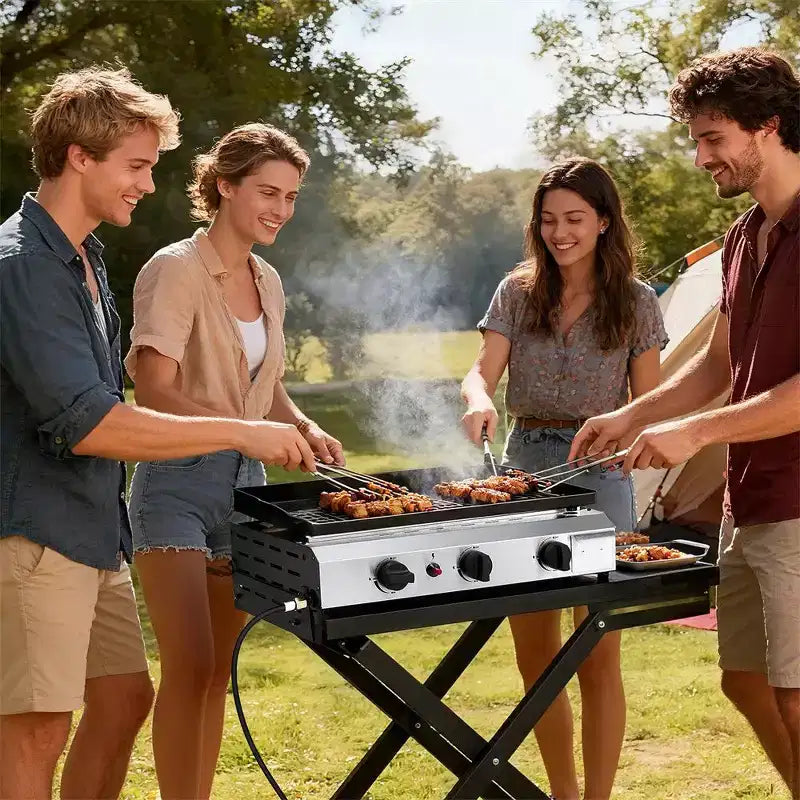 Karl Home Plancha pliable 3 brûleurs au propane avec roues pour cuisson et camping en extérieur