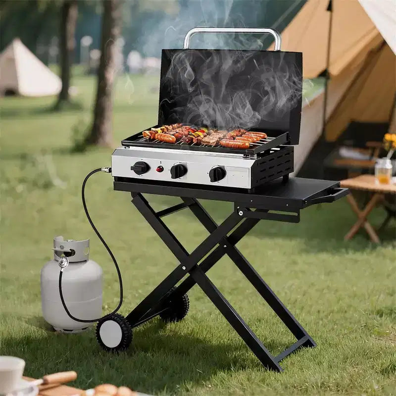 Karl Home Plancha pliable à 3 brûleurs au propane avec roulettes et couvercle pour cuisine extérieure et camping