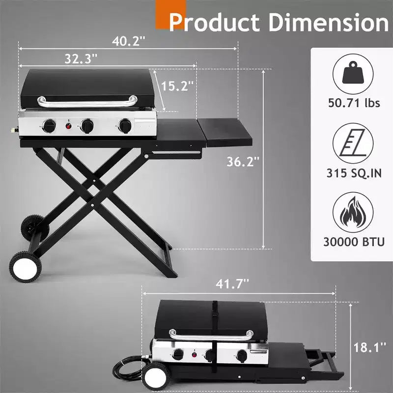 Karl Home Plancha pliable à 3 brûleurs au propane avec roulettes et couvercle pour cuisine extérieure et camping