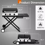 Karl Home Plancha pliable à 3 brûleurs au propane avec roulettes et couvercle pour cuisine extérieure et camping