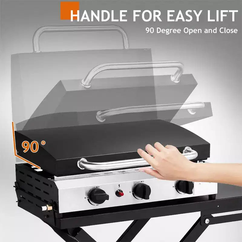 Karl Home Plancha pliable à 3 brûleurs au propane avec roulettes et couvercle pour cuisine extérieure et camping