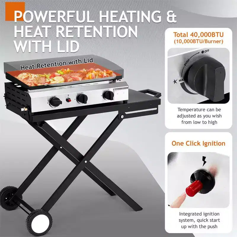 Karl Home Plancha pliable à 3 brûleurs au propane avec roulettes et couvercle pour cuisine extérieure et camping