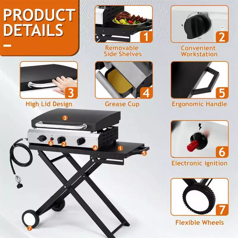 Karl Home Plancha pliable à 3 brûleurs au propane avec roulettes et couvercle pour cuisine extérieure et camping