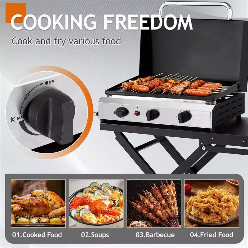 Karl Home Plancha pliable à 3 brûleurs au propane avec roulettes et couvercle pour cuisine extérieure et camping