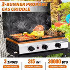 Karl Home Plancha pliable à 3 brûleurs au propane avec roulettes et couvercle pour cuisine extérieure et camping