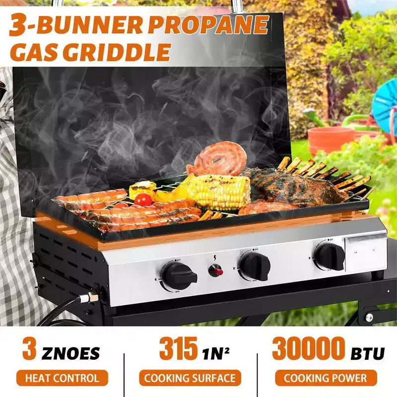 Karl Home Plancha pliable à 3 brûleurs au propane avec roulettes et couvercle pour cuisine extérieure et camping