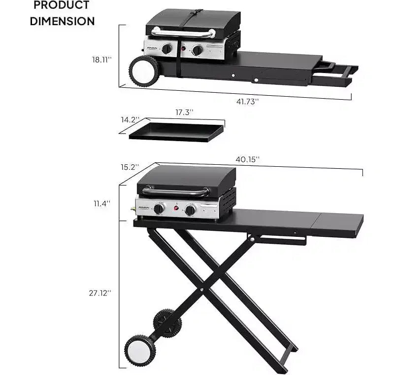 Karl Home Plancha pliable 2 feux au propane avec roulettes et couvercle pour la cuisson en extérieur