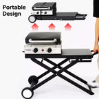 Karl Home Plancha pliable 2 feux au propane avec roulettes et couvercle pour la cuisson en extérieur