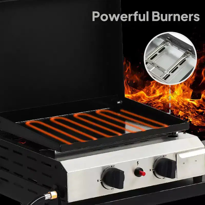 Karl Home Plancha pliable 2 feux au propane avec roulettes et couvercle pour la cuisson en extérieur