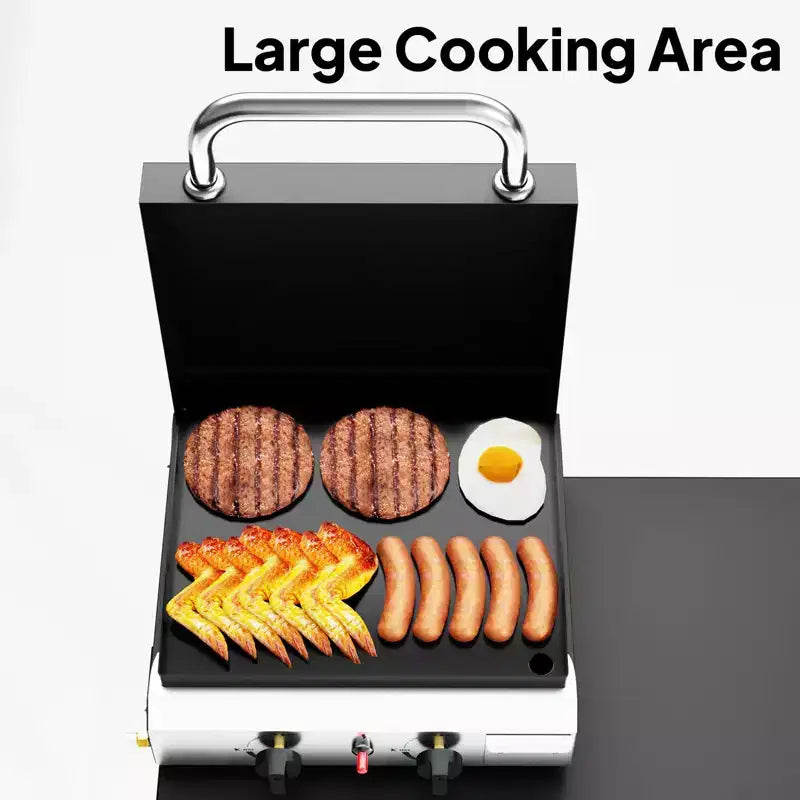Karl Home Plancha pliable 2 feux au propane avec roulettes et couvercle pour la cuisson en extérieur