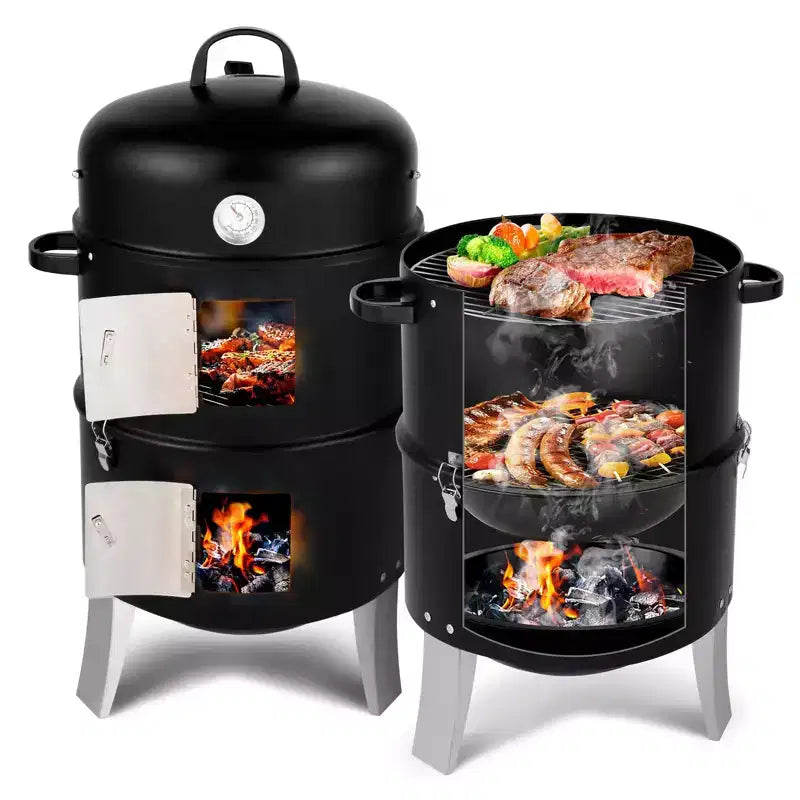 Karl Home Vertical Steel Charcoal Smoker Double Layer Round BBQ Grill for Outdoor Cooking
