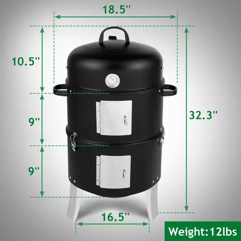 Karl Home Vertical Steel Charcoal Smoker Double Layer Round BBQ Grill for Outdoor Cooking