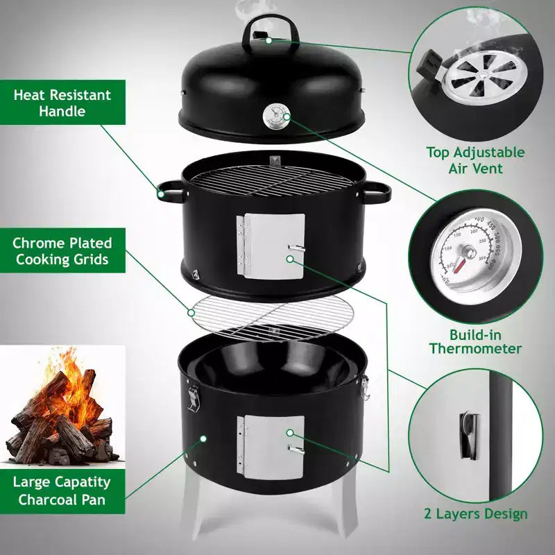 Karl Home Vertical Steel Charcoal Smoker Double Layer Round BBQ Grill for Outdoor Cooking
