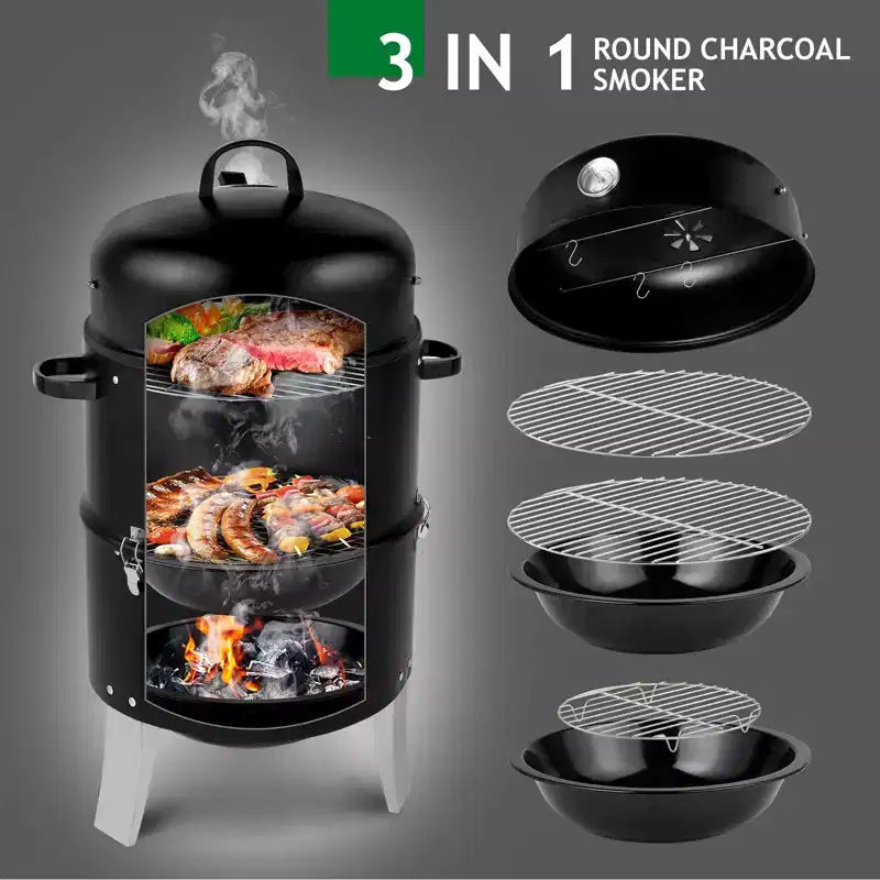 Karl Home Vertical Steel Charcoal Smoker Double Layer Round BBQ Grill for Outdoor Cooking
