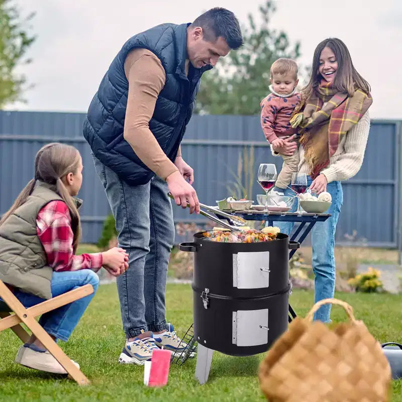Karl Home Vertical Steel Charcoal Smoker Double Layer Round BBQ Grill for Outdoor Cooking