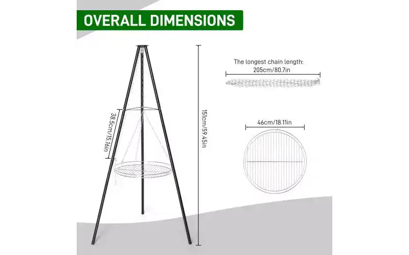 Karl Home Campfire Tripod Grill Adjustable Height BBQ Grill Grate