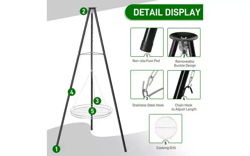 Karl Home Campfire Tripod Grill Adjustable Height BBQ Grill Grate