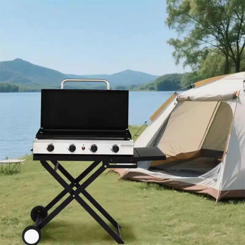 Plaque chauffante pliable au propane Karl Home 4 brûleurs, avec roulettes et couvercle, pour la cuisson en extérieur et le camping